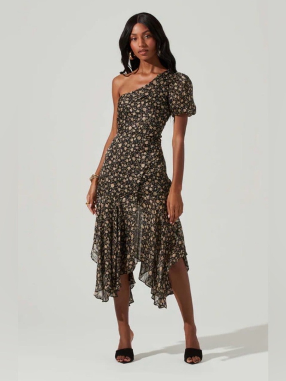 One-Shoulder Black Floral Asymmetric Midi Dress